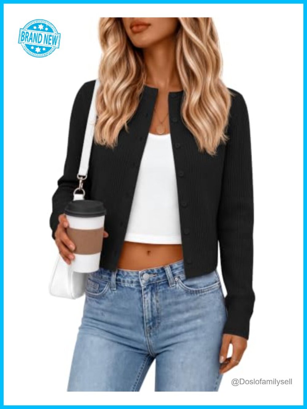 Ribbed Cotton Cropped Cardigan Button Front Long Sleeve Women's Sweater